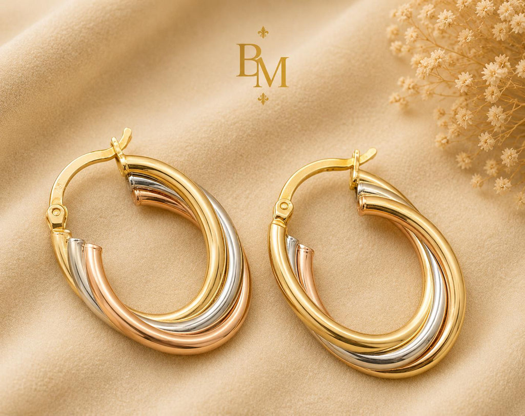 Tri-Color Gold Hoop Earrings | Solid 18K Gold | Bahremand Jewellery