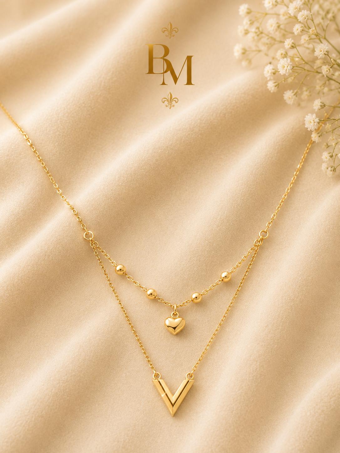 Double-Layer Heart & V Necklace | Solid 18K Gold – 1.40g | Bahremand Jewellery