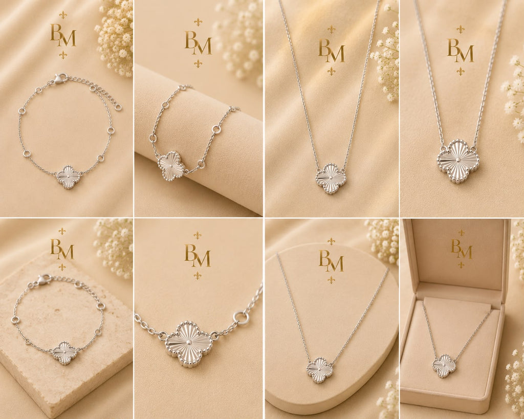 Clover Necklace & Bracelet Set | Solid 18K White Gold | 11.30 g | Bahremand Jewellery