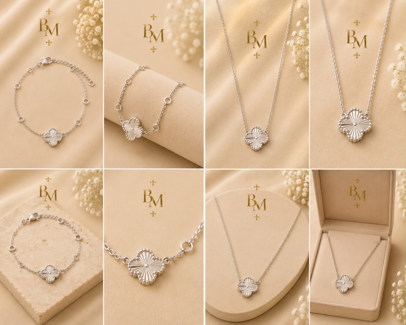 Clover Necklace & Bracelet Set | Solid 18K White Gold | 11.30 g | Bahremand Jewellery
