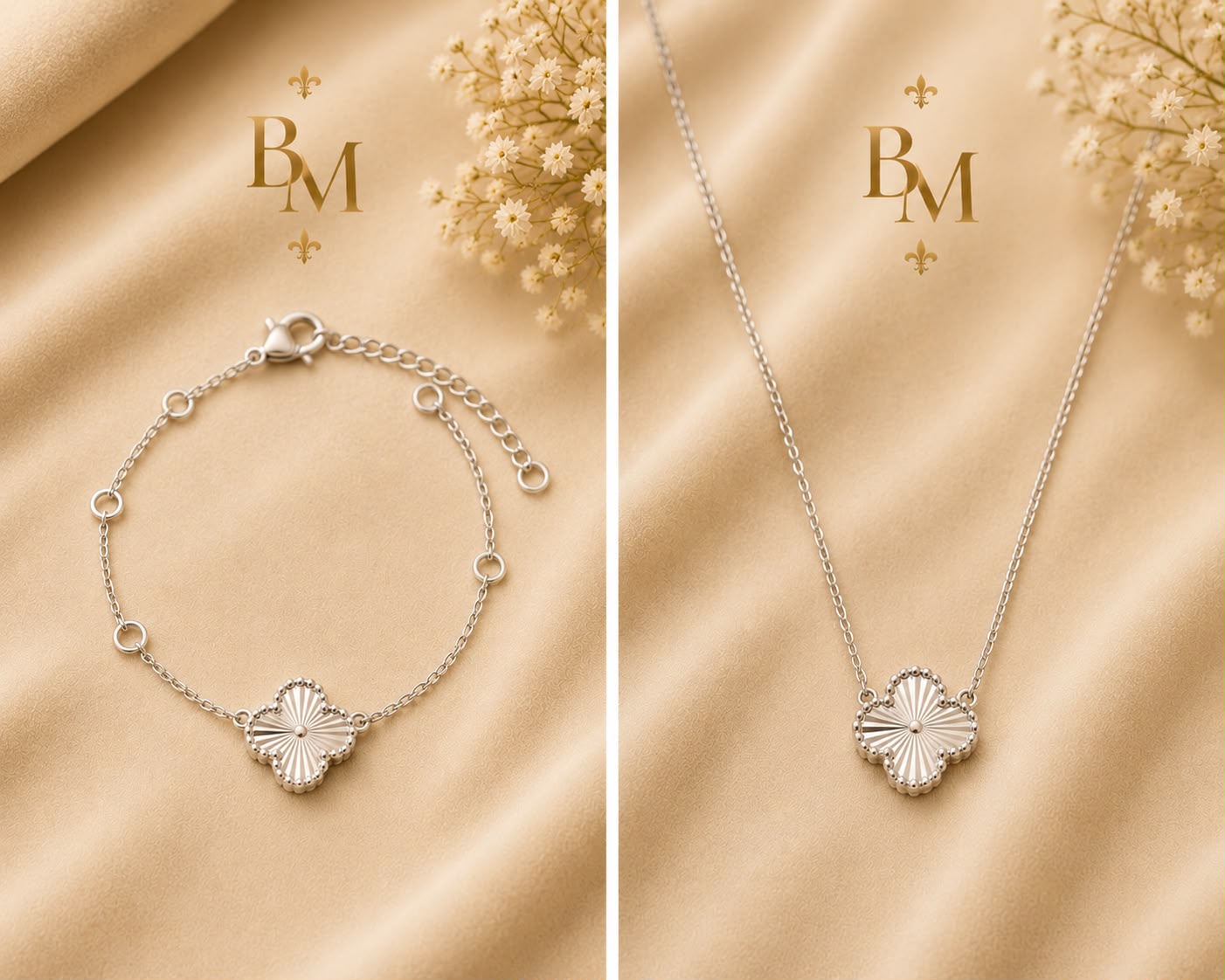 Clover Necklace & Bracelet Set | Solid 18K White Gold | 11.30 g | Bahremand Jewellery