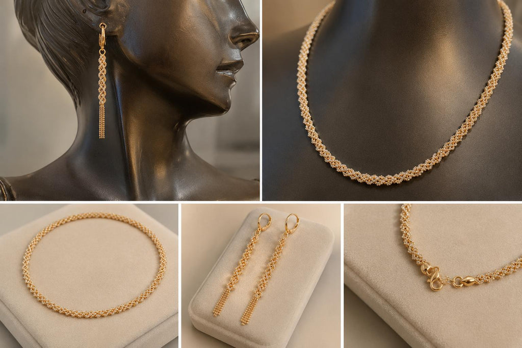 Two-Tone Woven Jewelry Set | Solid 18K Gold | 27.47 g | Bahremand Jewellery