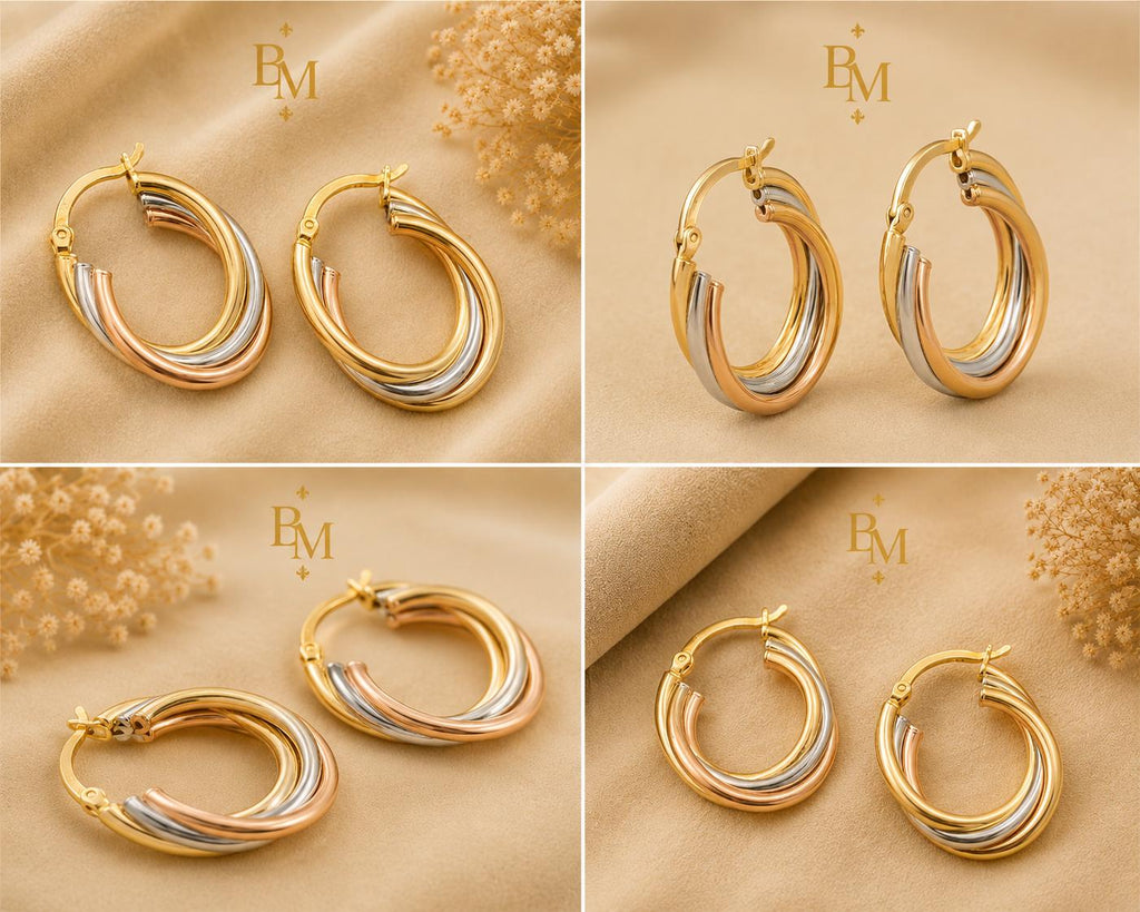 Tri-Color Gold Hoop Earrings | Solid 18K Gold | Bahremand Jewellery