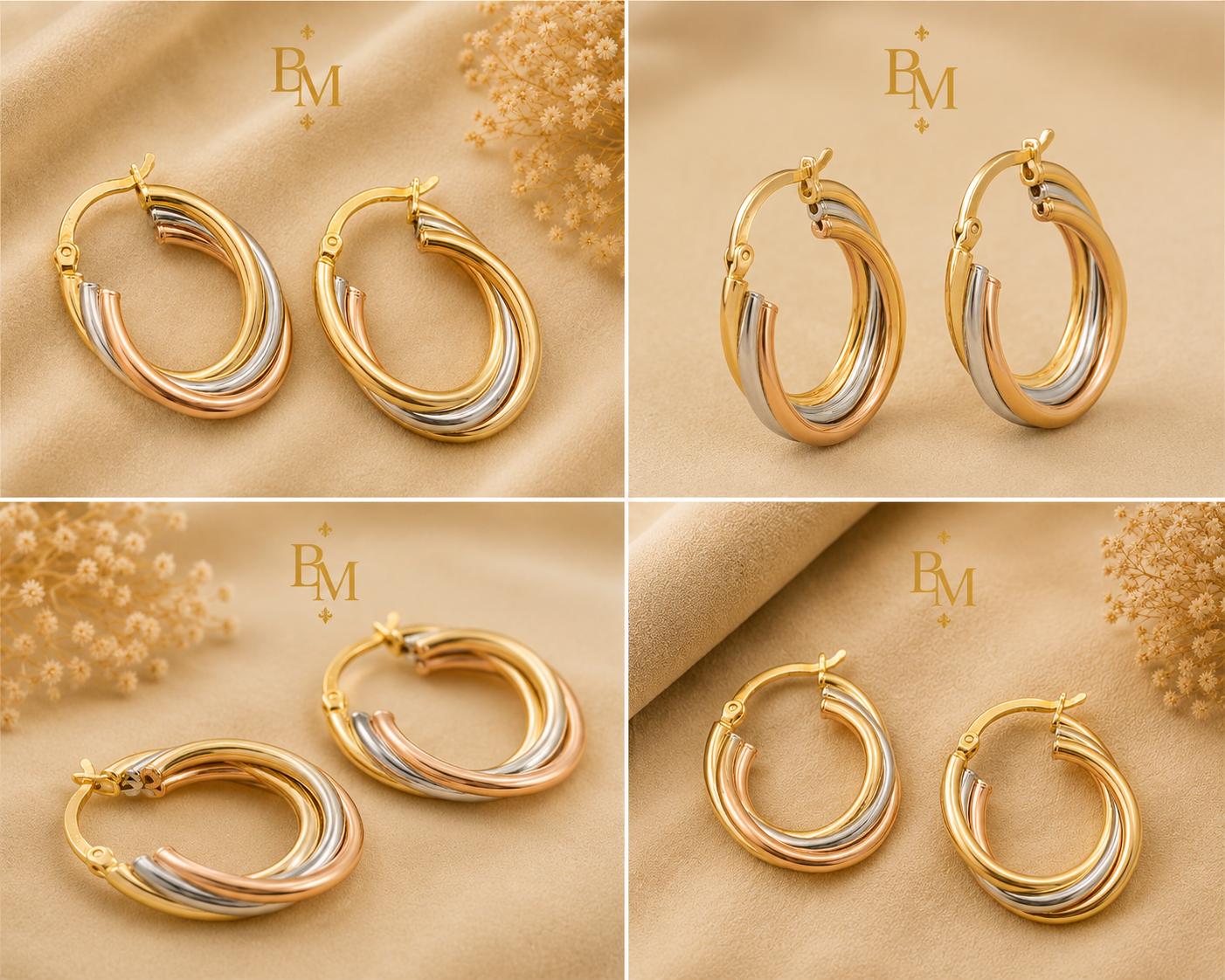 Tri-Color Gold Hoop Earrings | Solid 18K Gold | Bahremand Jewellery