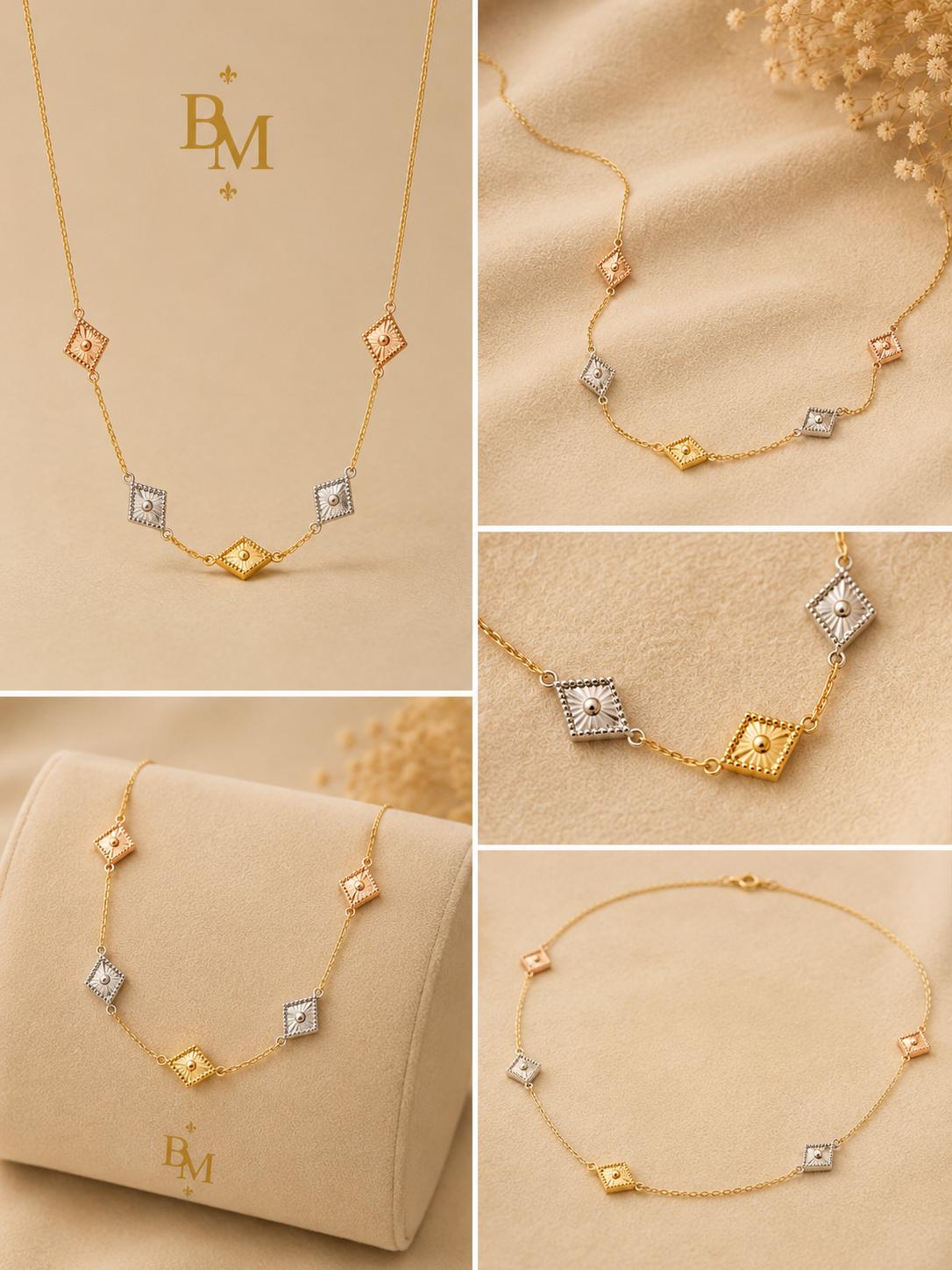 Tri-Color Geometric Necklace | Solid 18K Gold | 1.40 g | Bahremand Jewellery