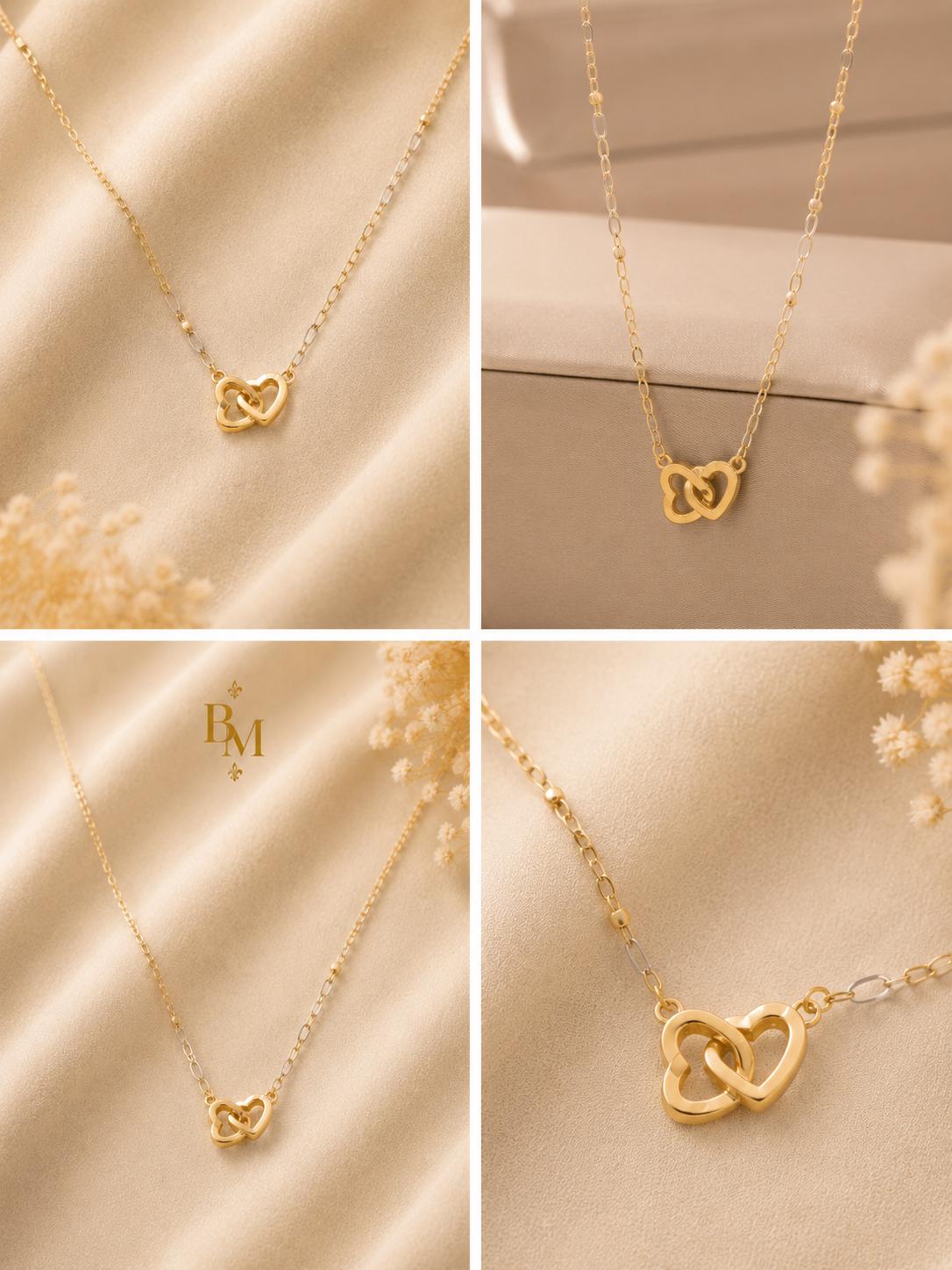 Two-Tone Interlocking Heart Necklace | Solid 18K Gold – 1.0g | Bahremand Jewellery