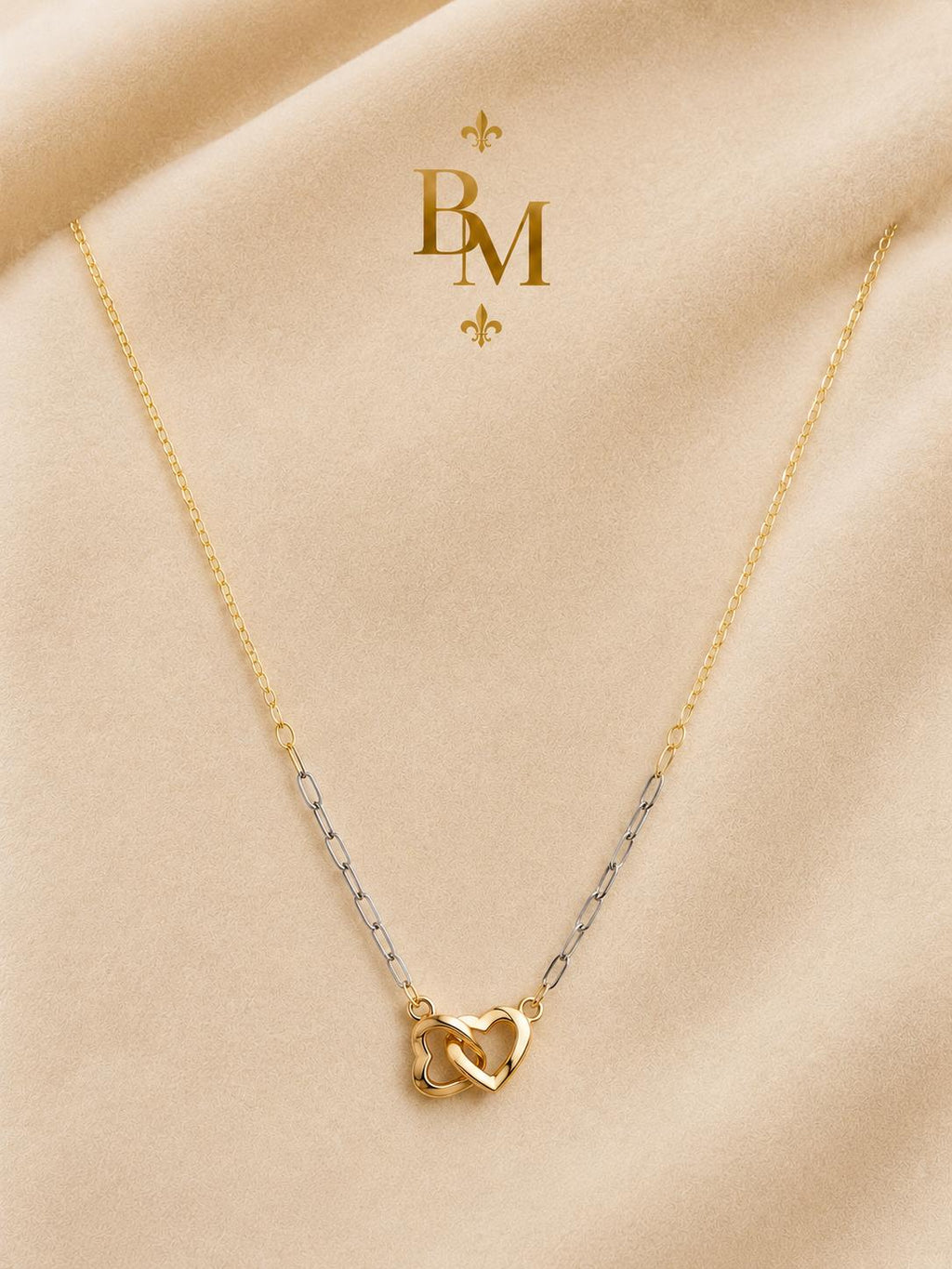 Two-Tone Interlocking Heart Necklace | Solid 18K Gold – 1.0g | Bahremand Jewellery