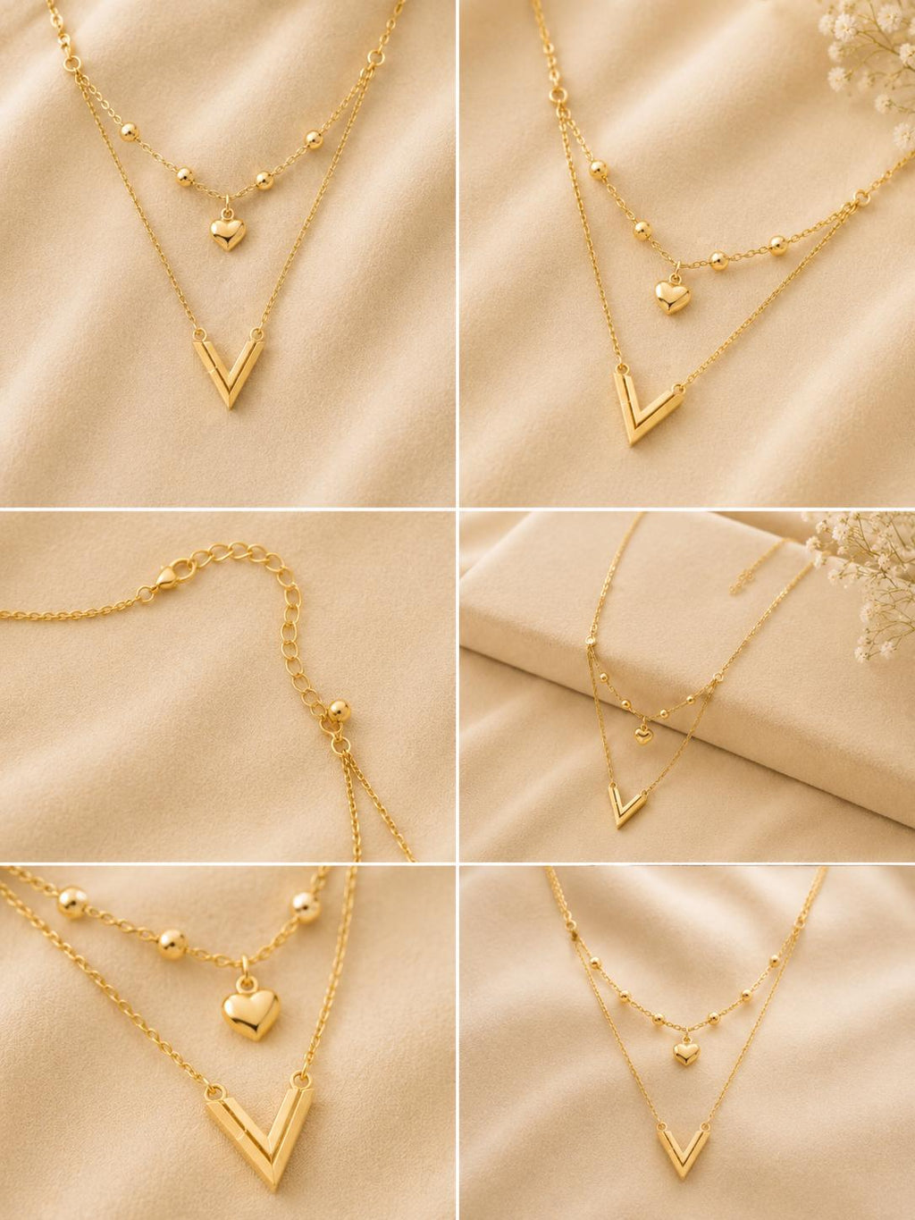 Double-Layer Heart & V Necklace | Solid 18K Gold – 1.40g | Bahremand Jewellery