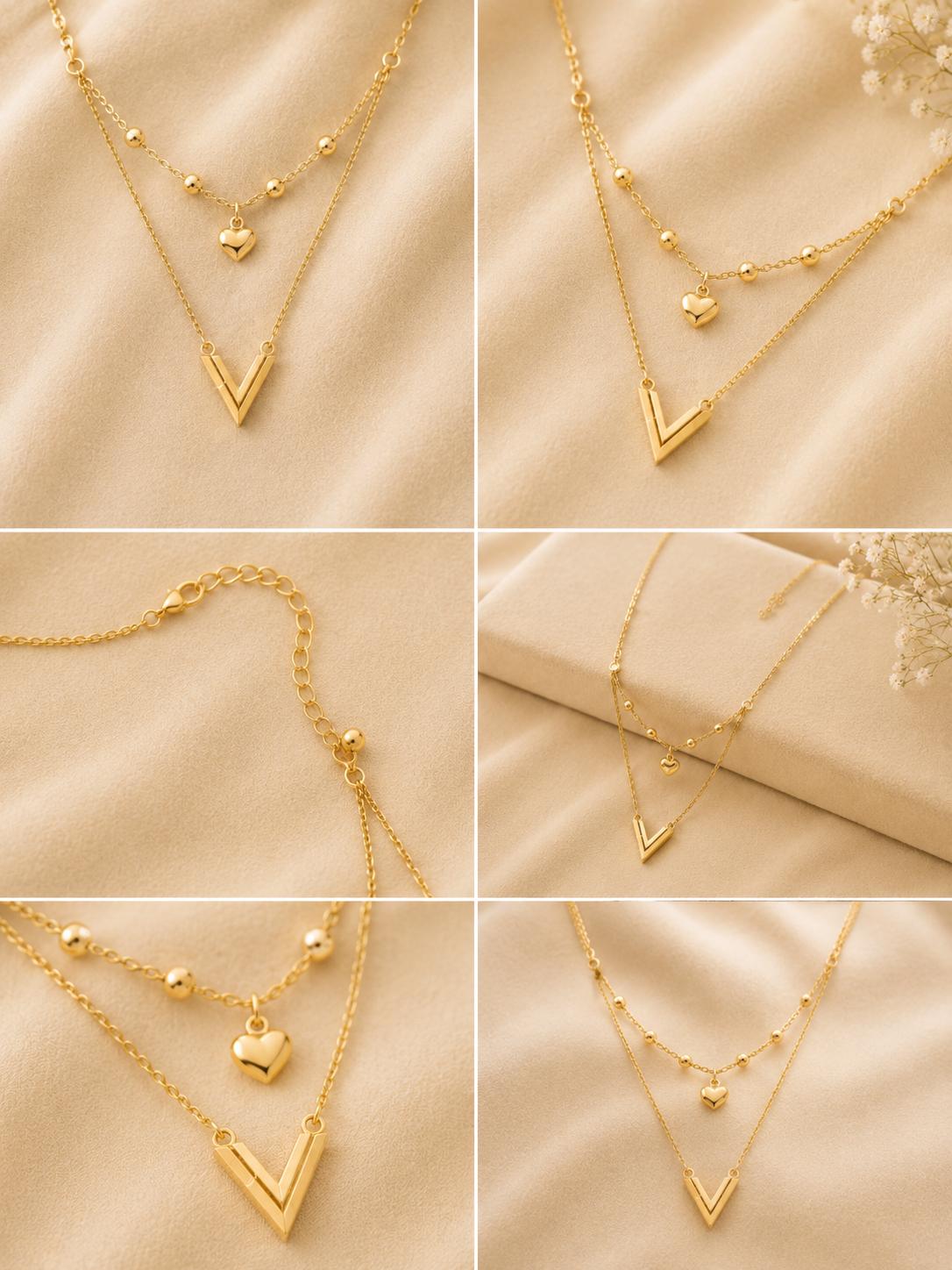Double-Layer Heart & V Necklace | Solid 18K Gold – 1.40g | Bahremand Jewellery