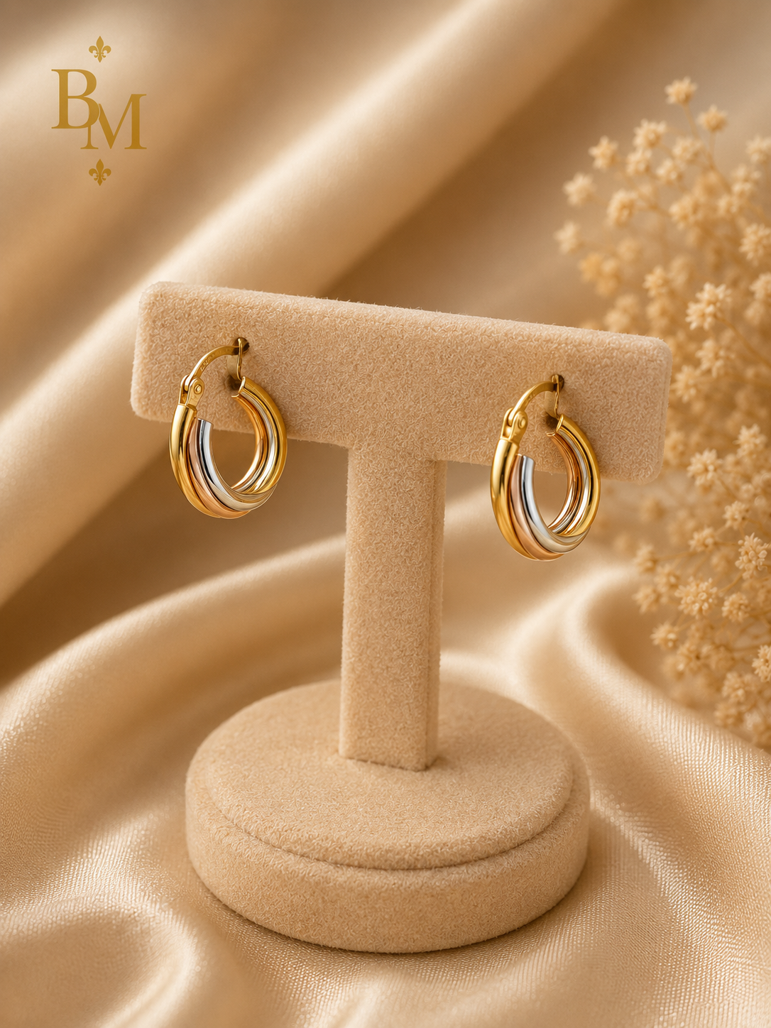 Tri-Color Gold Hoop Earrings | Solid 18K Gold | Bahremand Jewellery