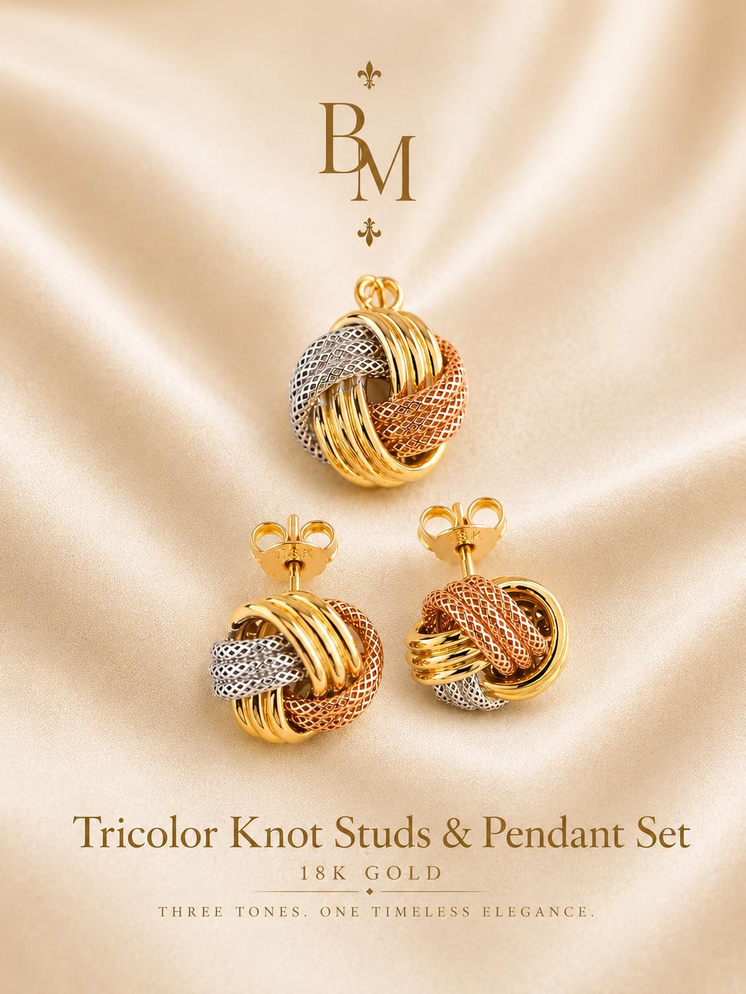 Tricolor Knot Earrings & Pendant Set | Solid 18K Gold | 5.01 g | Bahremand Jewellery