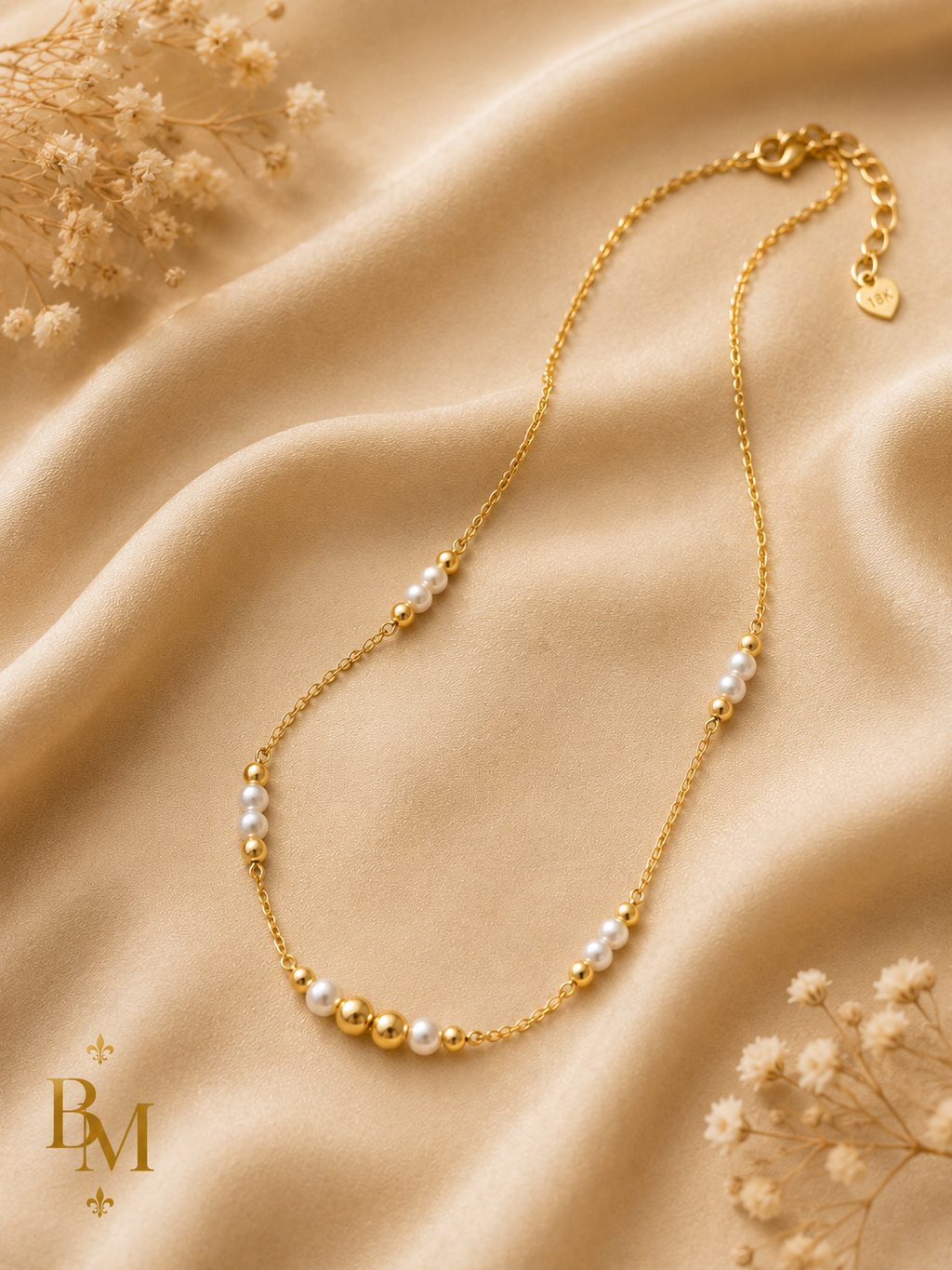 Beaded Station Necklace | Solid 18K Gold – 1.0g | Bahremand Jewellery