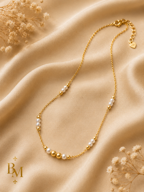 Beaded Station Necklace | Solid 18K Gold – 1.0g | Bahremand Jewellery