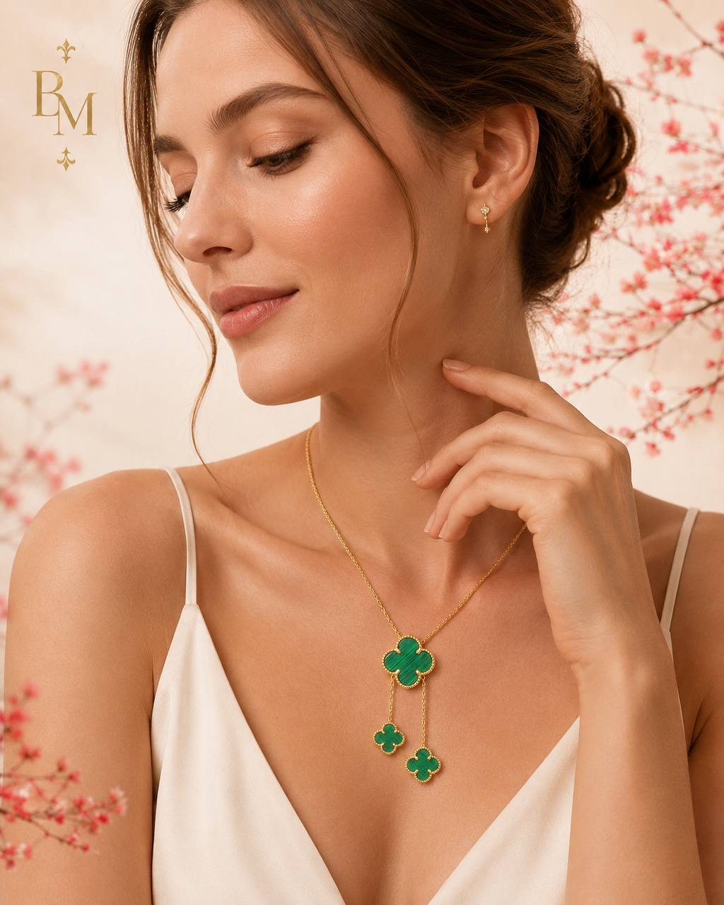 18K Gold Green Clover Drop Necklace