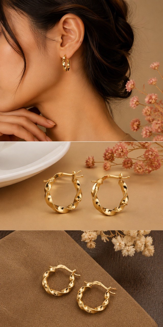 18K Yellow Gold Twisted Hoop Earrings – 1.1g