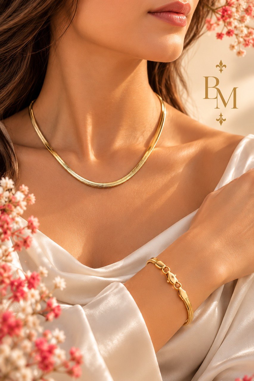 18K Solid Gold Snake Chain Necklace & Bracelet Set | 16” & 8” | 16.3g