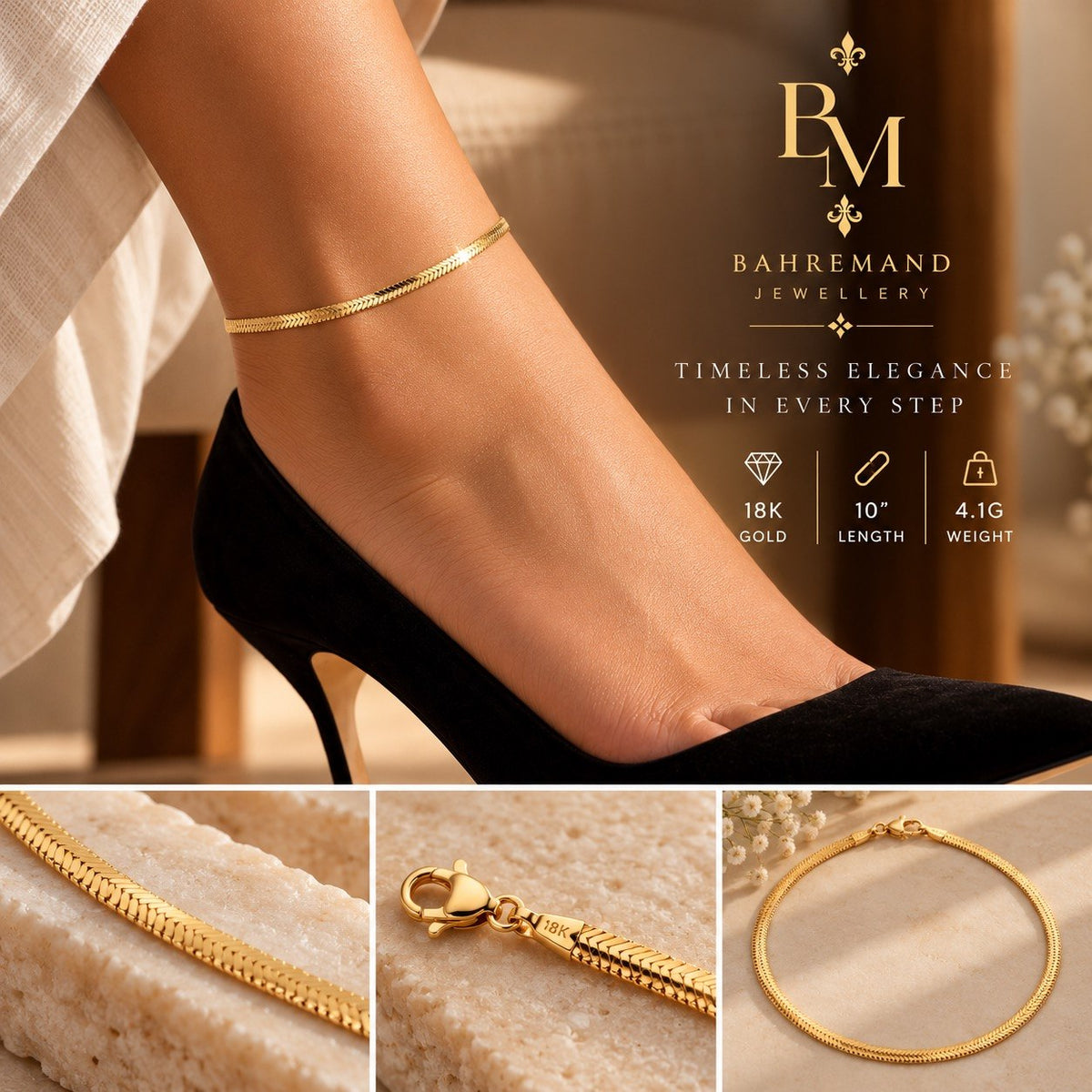 18K Solid Gold Snake Chain Anklet – 10” | 4.1g
